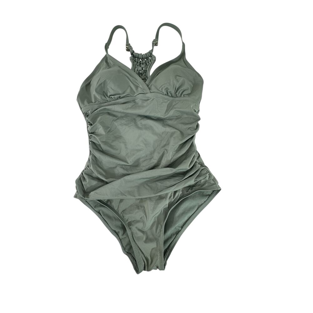 "FRIPEARL" One Piece Green Swimsuit SZ 8 Macrame Back Beach Poolside Boating Tan
